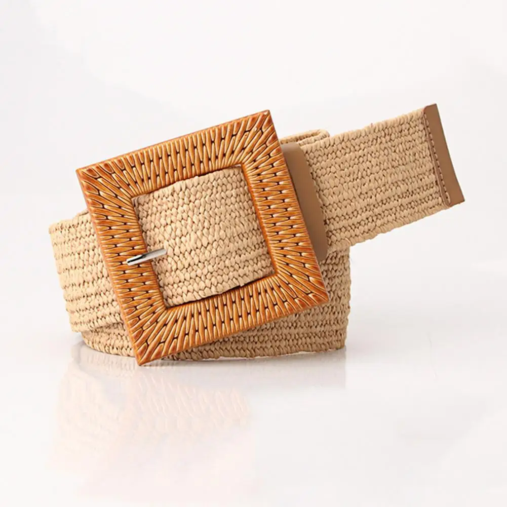 Square Buckle Braided Waist Belt Women Adjustable Bohemia Dress Belt Straw Square Buckle Waistband Clothes Ornament