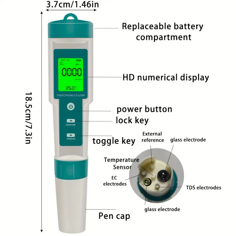 1 قطعة 7 في 1 PH TDS EC ORP الملوحة S.G ميزان الحرارة مراقبة جودة المياه ، مناسبة لمياه الشرب ومقياس AquariumpH