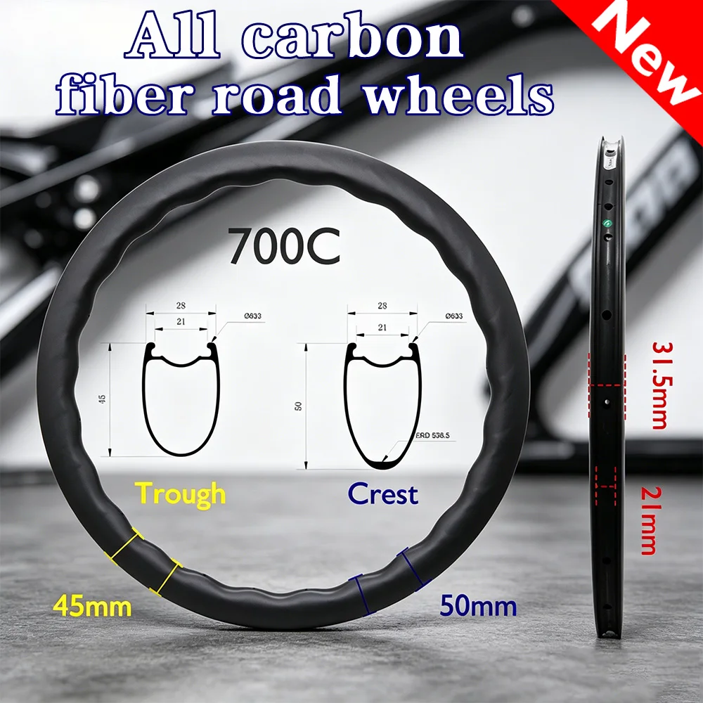 

700C Carbon Wave Rim 45/50mm Road Bike Carbon Wheelset T800 Ultralight 434g Aero Disc Brake 24H Tubeless Ready Bicycle Rim