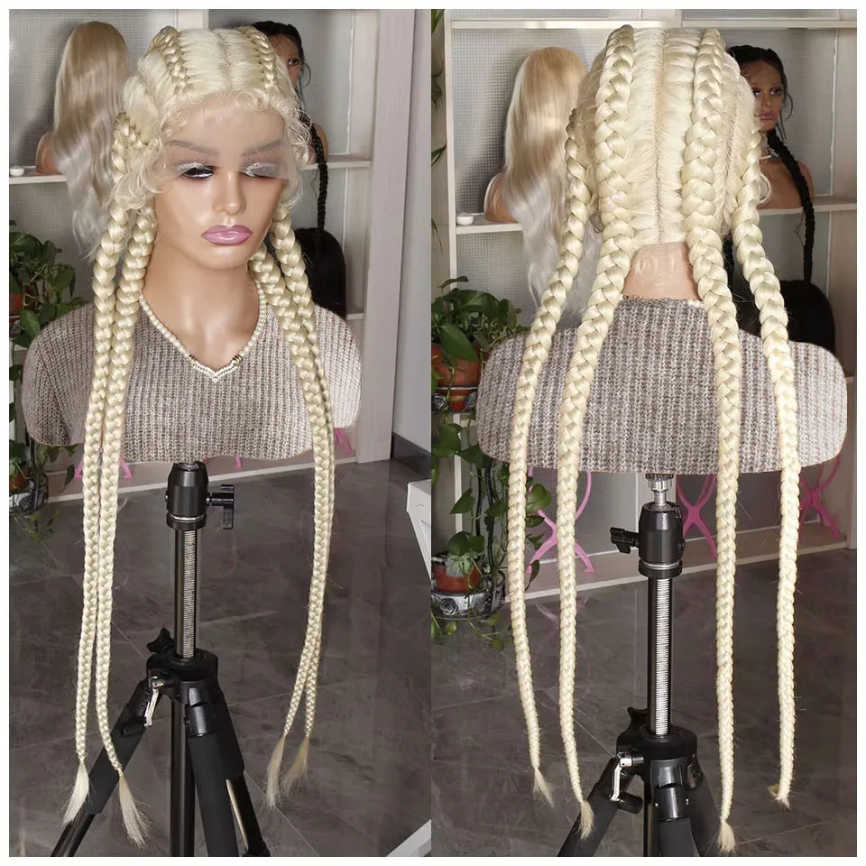 Synthetic Lace Topline Braids Wigs Dutch Box Braided 360 Lace Frontal Wig 613 Honey Blonde 4 Braids Wig