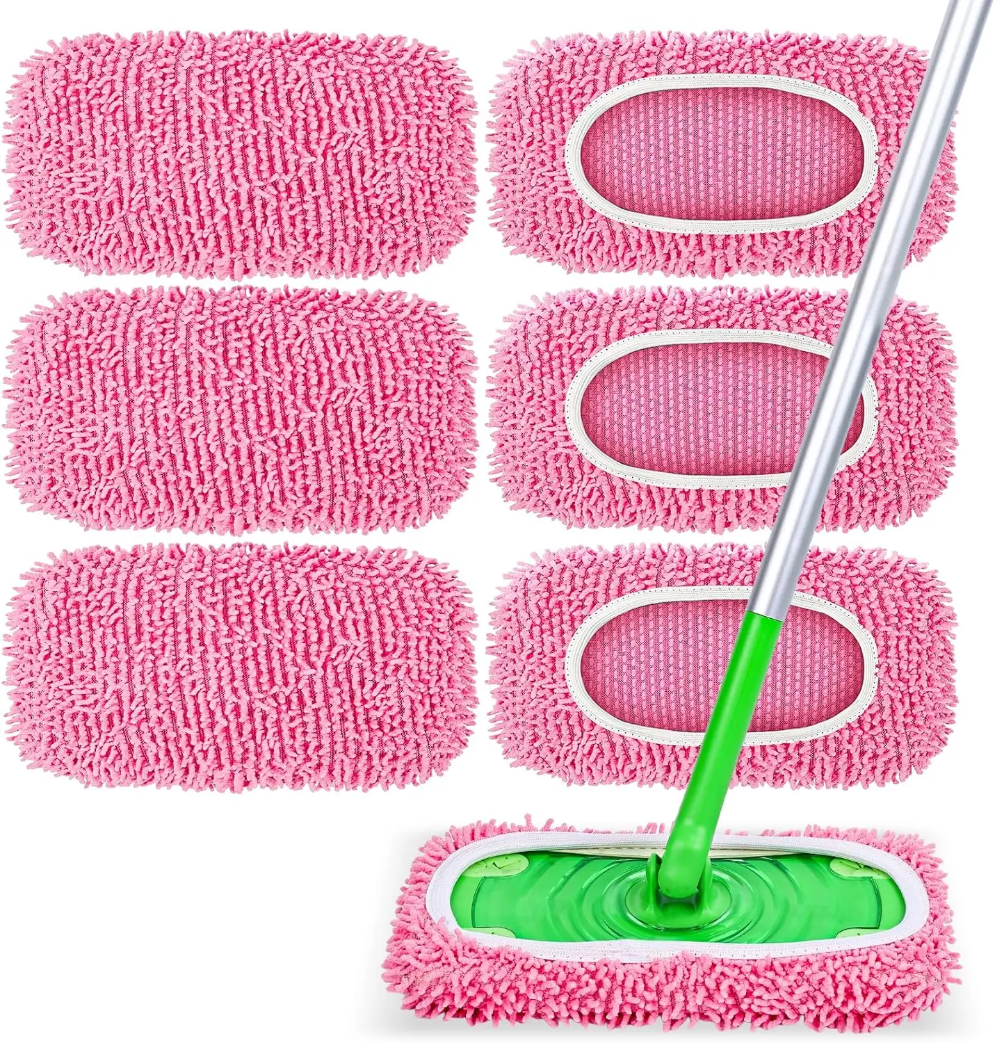 

6 Pack Reusable Chenille Mop Pads for Swiffer Sweeper, Wet and Dry Mopping Cloths for Hardwood and Tile Floor Cleaning