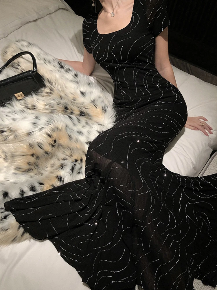 French Style Elegant Party Dress Women Celebrity Fashion Black Bright Rhinestone Long Fishtail Robe Female Evening Prom Vestidos