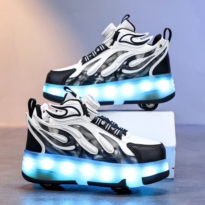 

2025 Spring & Autumn Wheel Shoes New for Girls: Rotating Buckle Light-Up Sneakers, Older Kids' Roller Skates