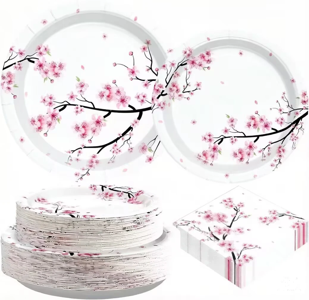 Neues Rosa Kirschblüten Einweggeschirr, Pappbecher, Teller, Servietten, Tischdecken, für Partys, Hochzeiten, Geburtstage, Feierbedarf