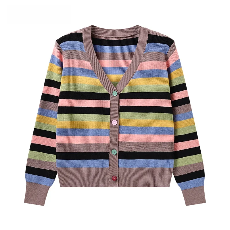 

JZZDEMM Basic Color Striped Knit Cardigan Women's Spring Autumn Outerwear Simple Sle Long Sve V-Ne Button up