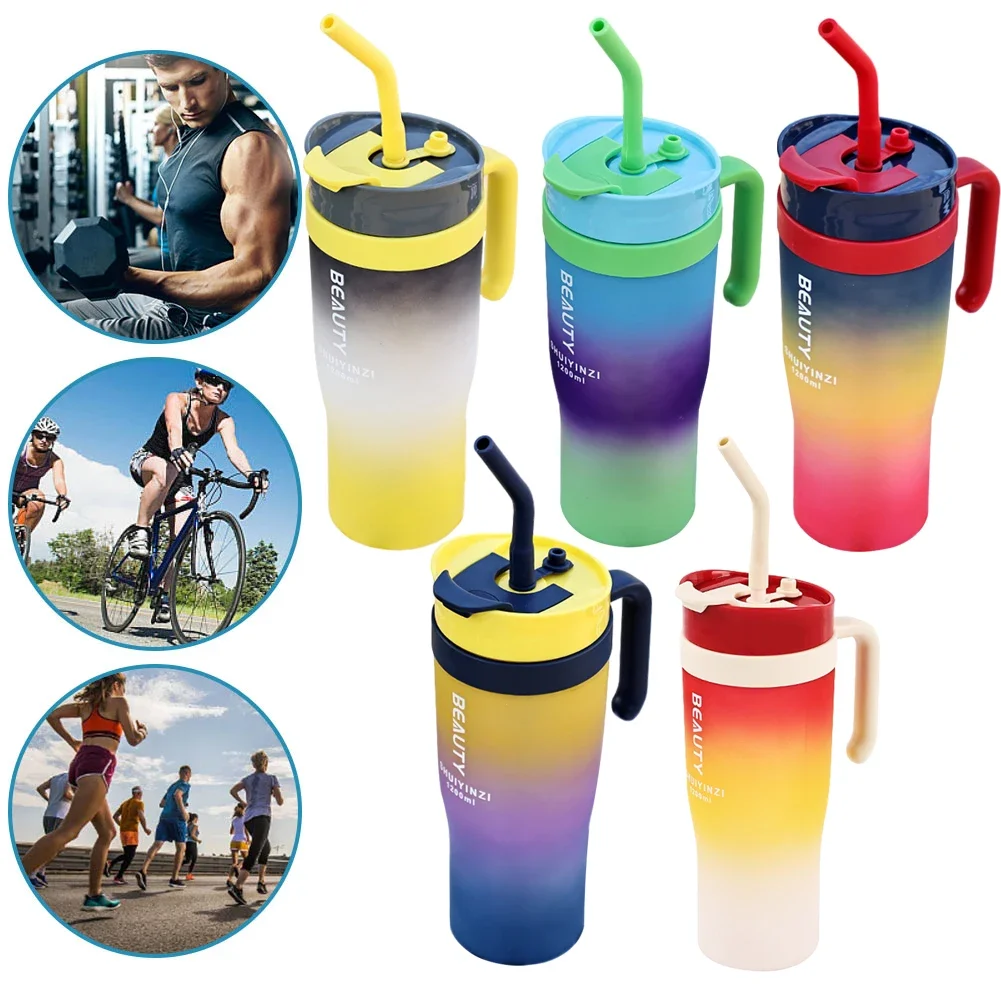 1200ml Large Capacity Color Changing Frosted Straw Cup with Handle for Car Reusable  Water Bottle Portable Travel Tumbler