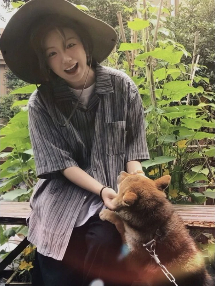 

Рубашки женские в полоску с коротким рукавом 2025 винтажный дизайн японская свободная готическая одежда универсальная Harajuku модные Camisas Mujer