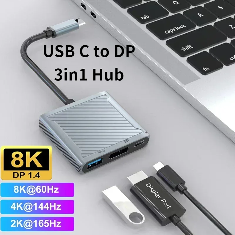 Adaptador USB C a DP 3 en 1 Compatible con portátil Thunderbolt3 tipo C a 8K@60Hz 4K@144Hz DisplayPort/USB/100W PD carga rápida