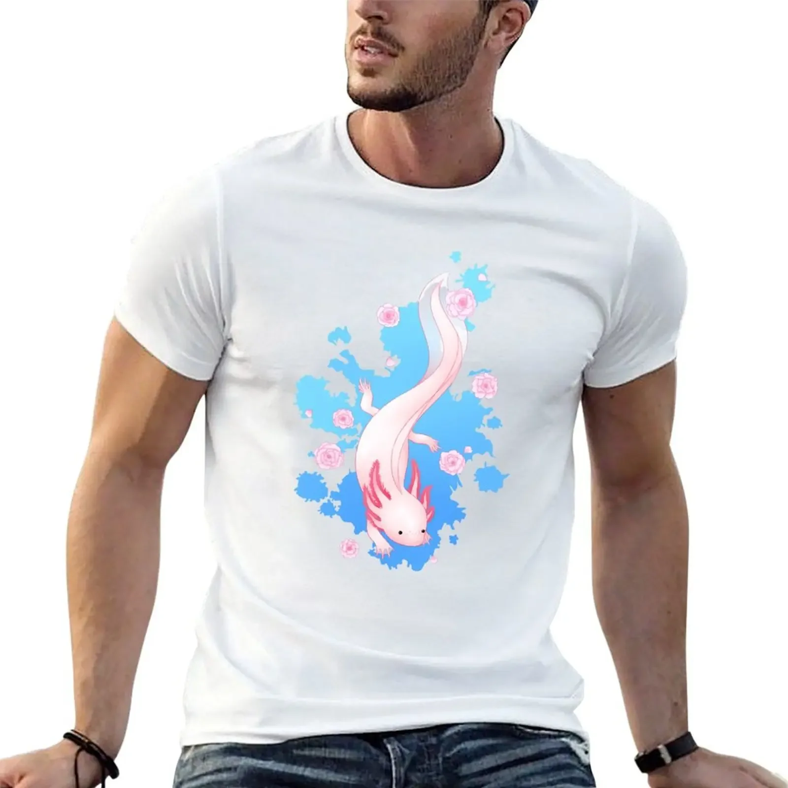 Axolotl Swimming with Cherry Blossoms T-shirt sweat plus sizes plain funny t shirts for men