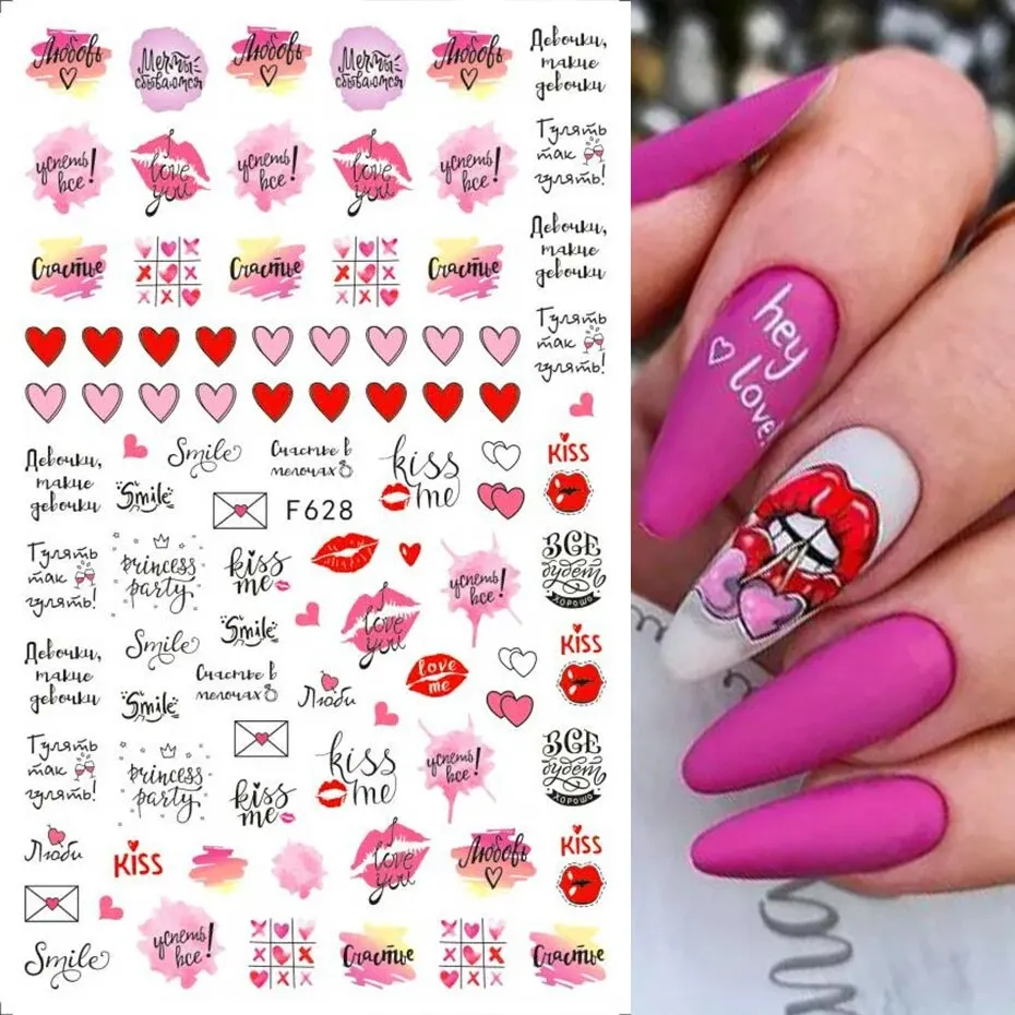 6PCS 3D Valentines Day Nail Art Sticker Lover Letter Cute Girl Cartoon Slider Full Wrap Stickers On Phone Nail Art Accessories