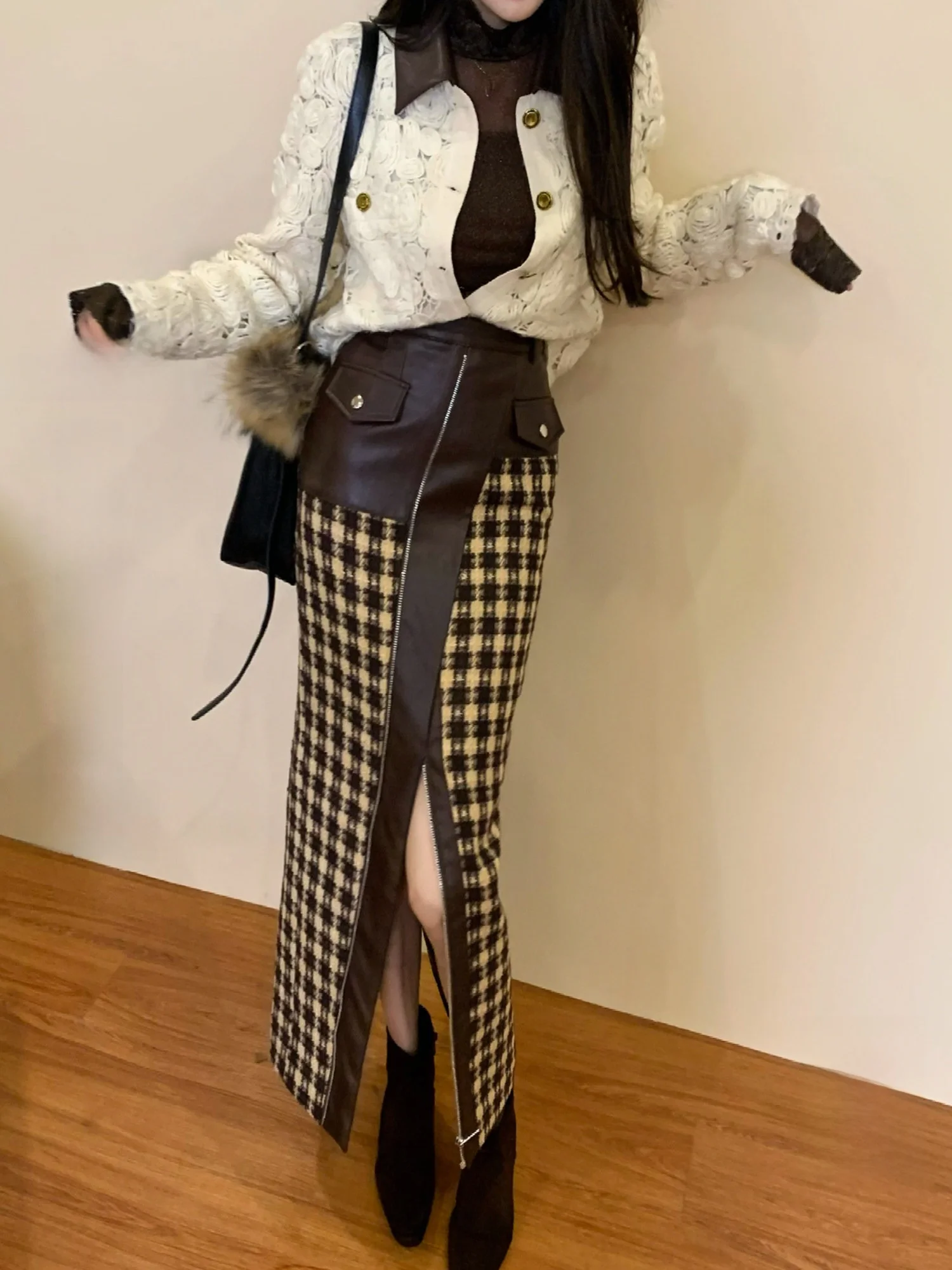 

Женская юбка Nead в стиле ретро, в клетку, с кожаными вставками, с высокой талией, А-силуэт, облегающая, длинная, осенне-зимняя, из полиэфирного волокна TPC857