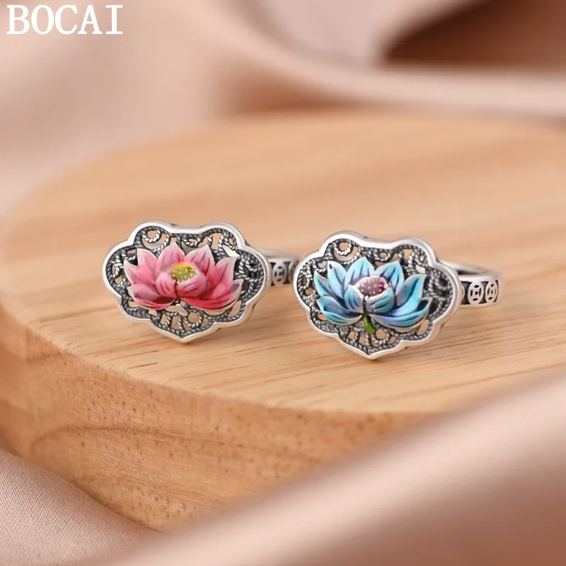 

S999 Sterling Silver Charms Rings for Women Retro Hollow Cloisonne Lotus Adjustable Argentum Fashion Jewelry Wholesale