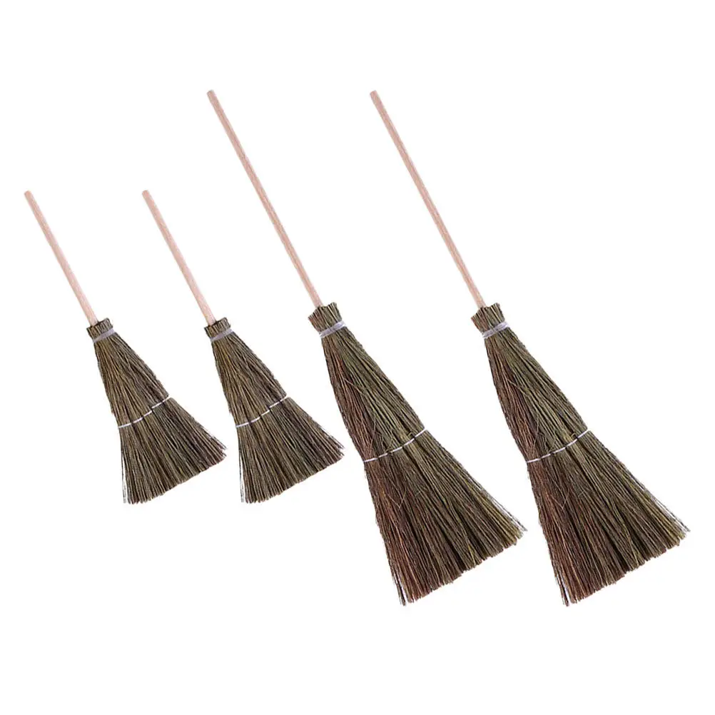 Miniature Brooms Set 4pcs Hand-Woven Small Dollhouse Decor for DIY Mini Scene Building