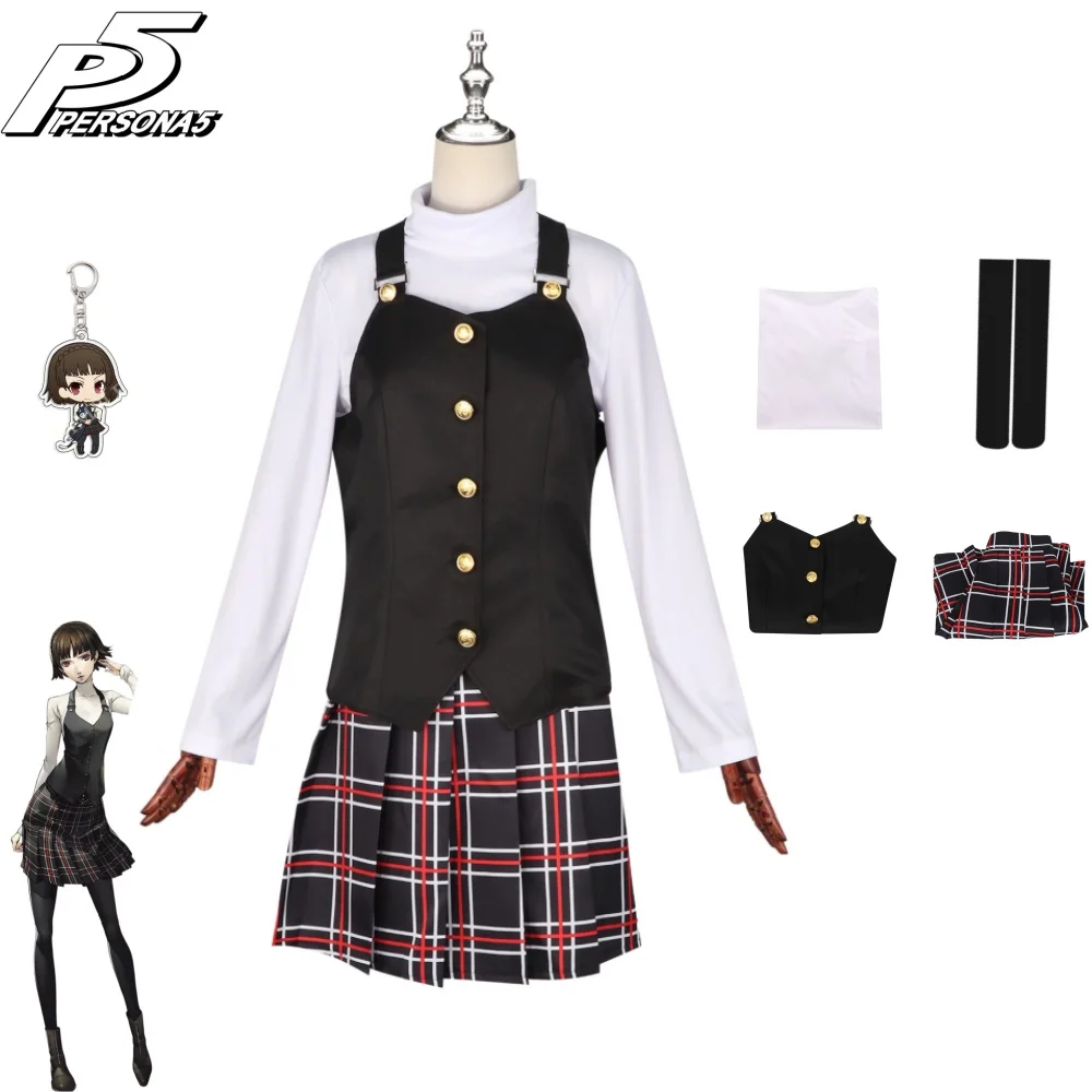 

Anime Persona Makoto Niijima Cosplay Costume Long Sleeve Knitted Top Printed Skirt Stockings Vest Wig Japanese Schooluniform