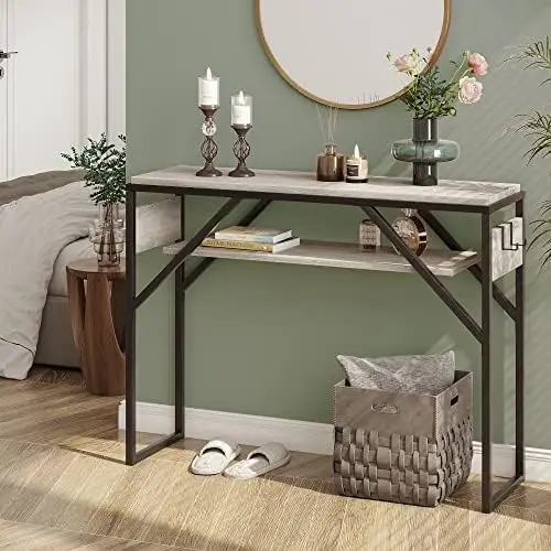 

Console Table for Entryway, Behind Couch Table for Living Room, Small Entry Table with 2 Tier Shelves, Retro Gray Small tables