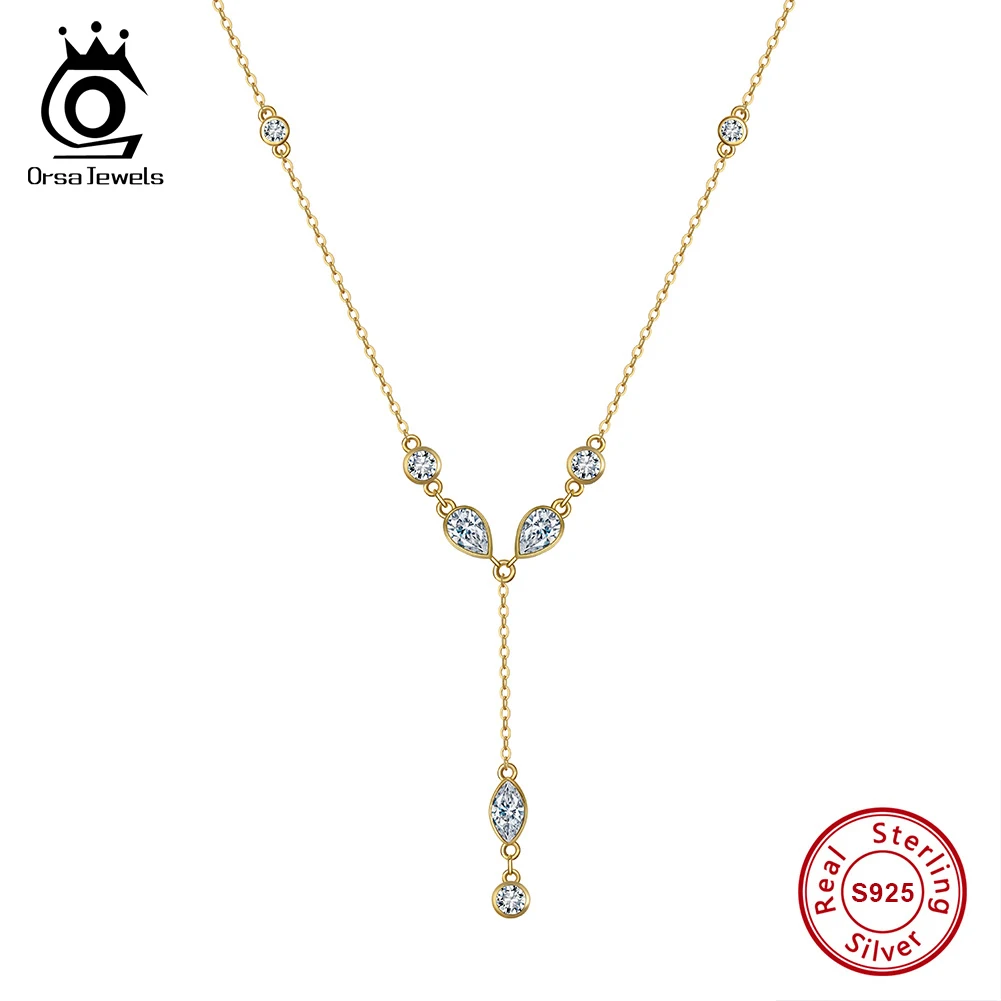 

ORSA JEWEL Shiny Zirconia Layered Long Chain Pendant Necklace Genuine 925 Sterling Silver Clear Rhinestone CZ Neck Chain BQN18