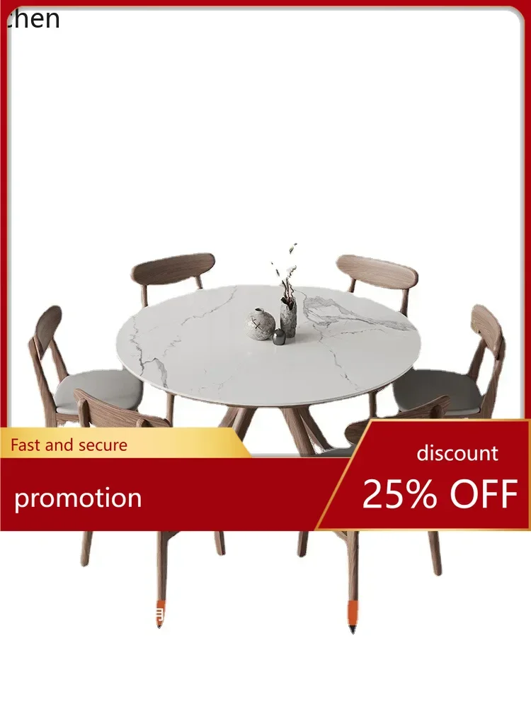 

YFY Nordic Stone Plate round Table with Turntable Modern Household Small Apartment White Wax Dining Table round Solid Wood