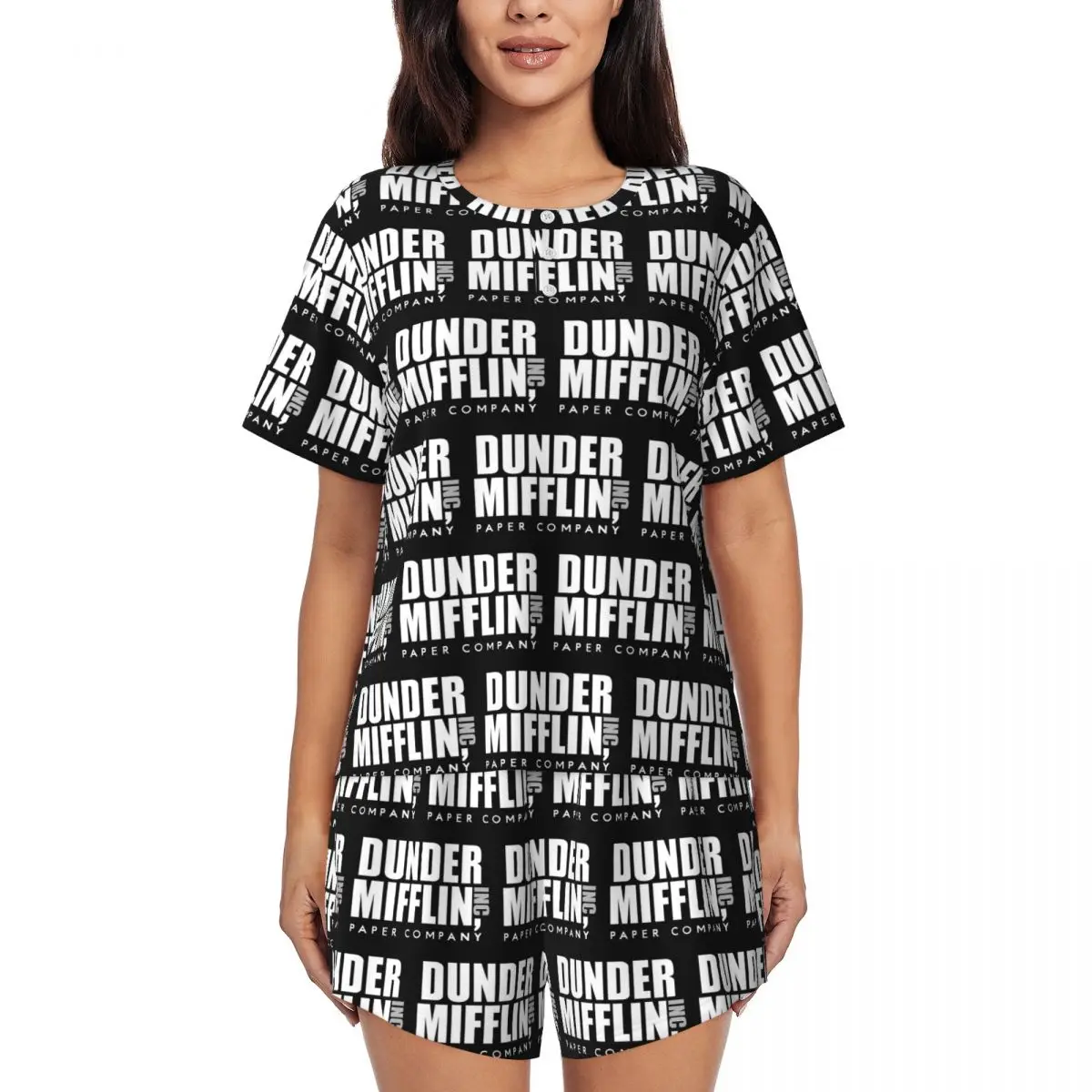 

Dunder Mifflin Logo Round Neck Short Sleeve Nightgowns for Sleeping Sleepshirts Women Loose Pajama Set Short Pants