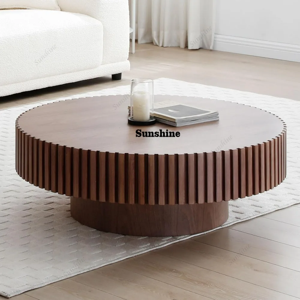 

Walnut Round Coffee Table Wood, Modern Fluted Coffee Table for Living Room, Contemporary Low Circle Center Tables
