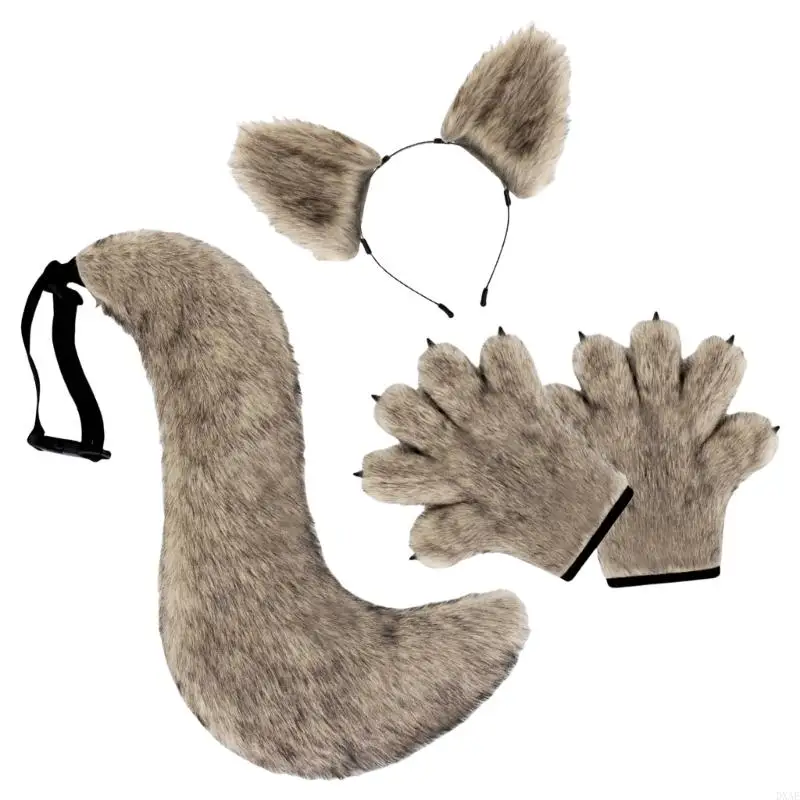 DXAE KIDS VOLWASSENDEREN DIERLIJKE KOSTUME WOLF EARS HOOFDBARNEN TAIL PAWS HANDEN 3PCS
