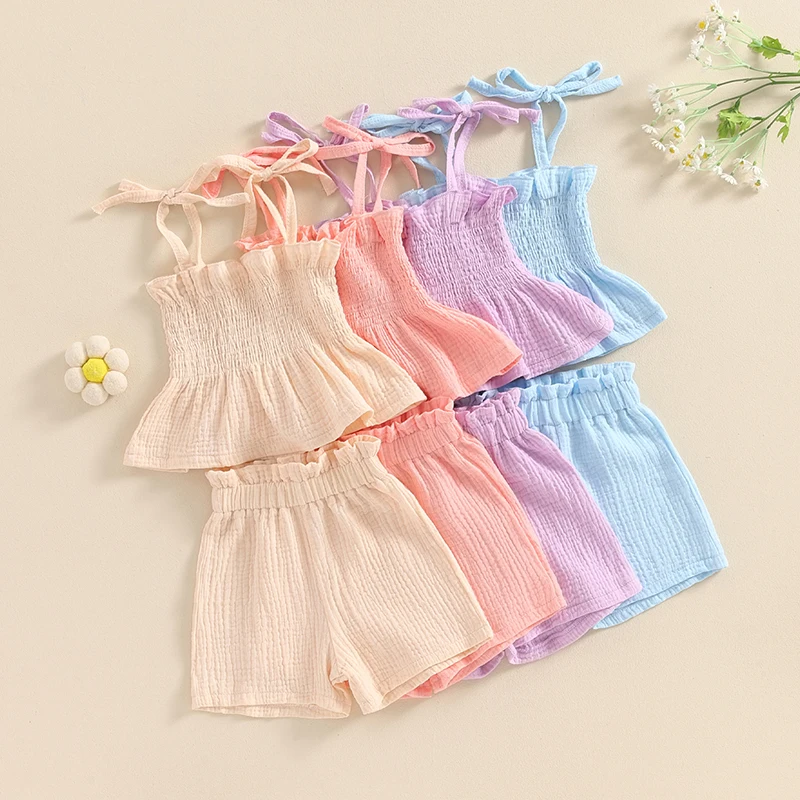 Pudcoco Baby Girls Summer 2Pcs Solid Bandage Sleeveless Camisole Tops Elastic Shorts Set Fashion Cute Cotton Linen Clothes 6M-3T