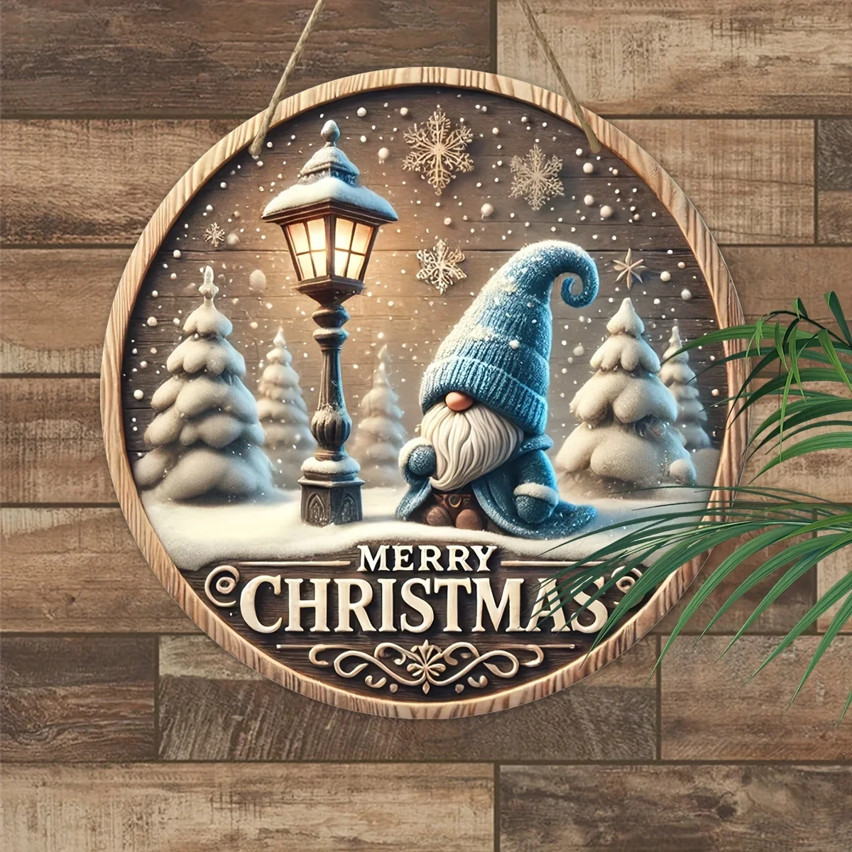 2D flaches kreisförmiges Weihnachtszwerg-Wandkunst-Holzschild aus Holz – Feiertags-Acryl-Hängedekoration, Heim- und Urlaubsdekoration