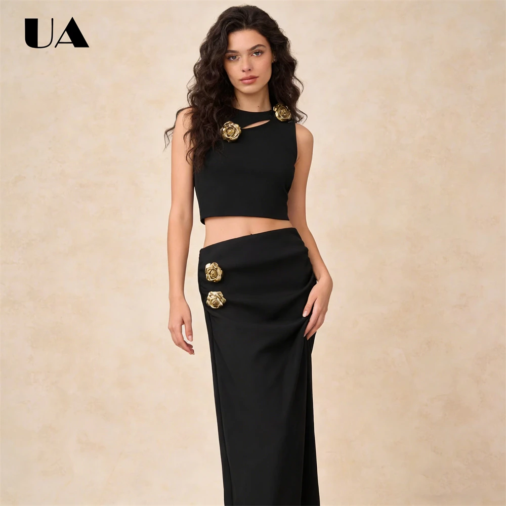 

ULBYANRY Women's Black Sleeveless Crop Top & Maxi Skirt Set with Gold Rose Decor, Custout Design Elegant Evening Clubwear