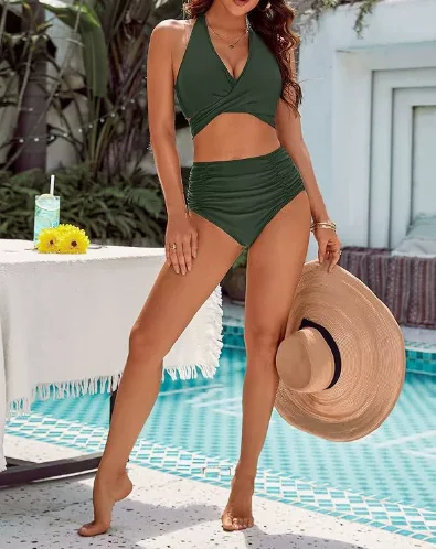 

2026 New European Women's Belly-Baring Swimsuit: Moderate High-Waist Bikini with Cute Neckline