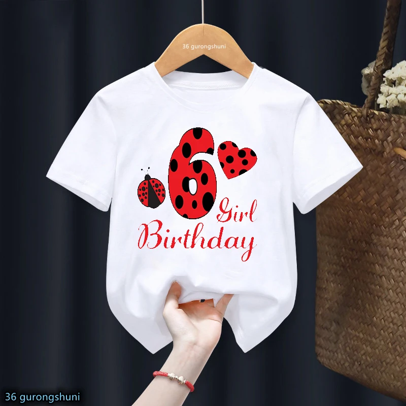 Camiseta divertida de mariquita roja para niños y niñas, camiseta con número 1-10, regalo de feliz cumpleaños, ropa Harajuku para niños, camiseta de manga corta, Top de verano