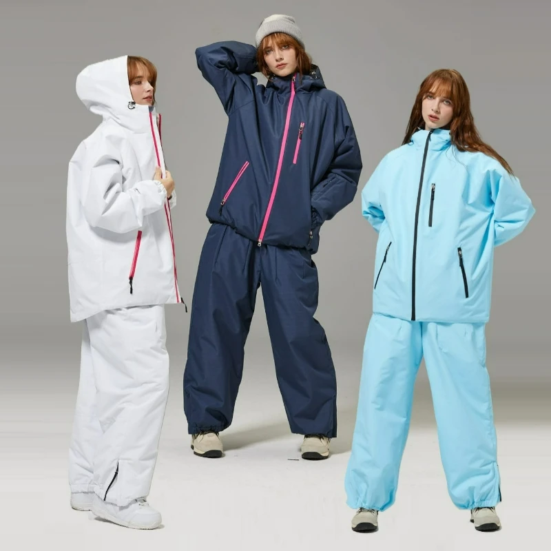 Unisex Ski Suit Waterproof Windproof Loose Fit Hooded Solid Color Jacket Pants Set Snowboard Skiing Winter Outdoor Snow Clothes