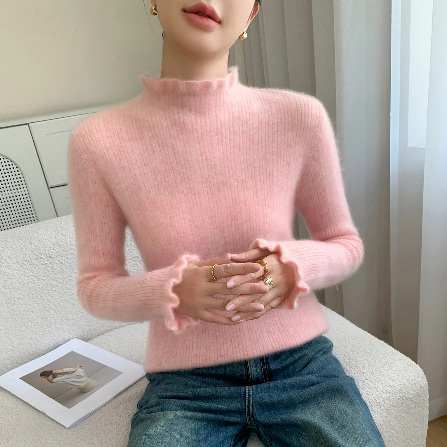 Women's 100% Pure Cashmere Pullover Solid Color Fungus Edge Semi High Neck Slim Fit Knitted Sweater Casual Blouse