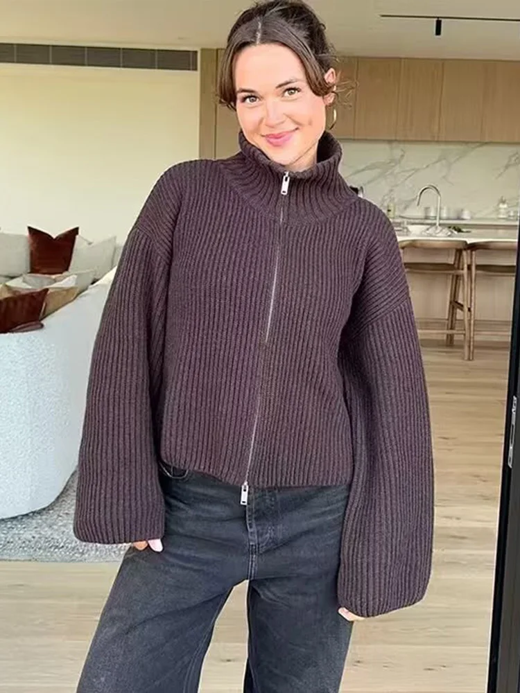 

HH Women Fashion Versatile Long-Sleeved Knitted Cardigan Jacket Female Temperament Zipper High Street Turn-down Collar Coat