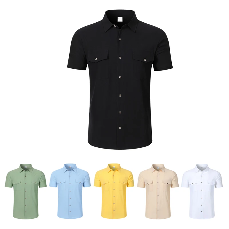 Men's Linen Button Up Short Sleeve Shirt Lapel Collar Lightweight Breathable Double Chest Pocket Summer Beach Daily Casual Tops