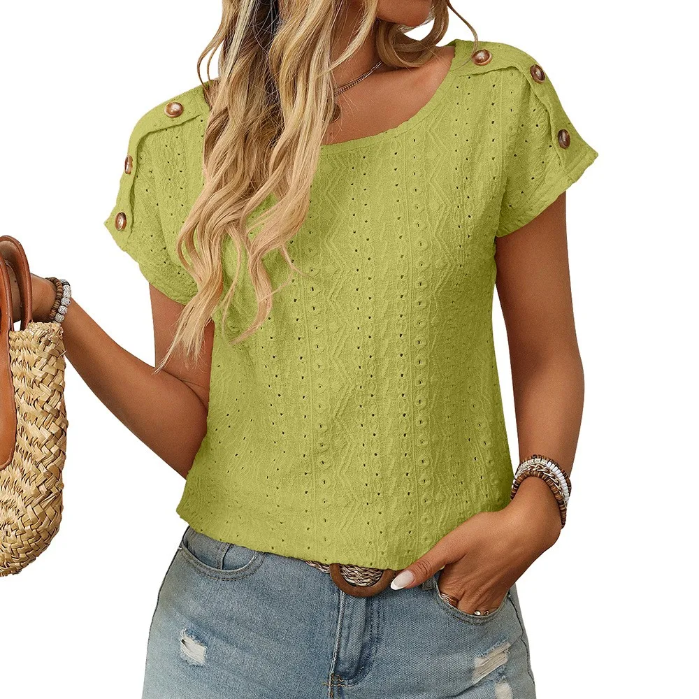 Button Front Round Neck Top Loose Silhouette Gentle Style with Regular Length Spring Short Sleeve Sweet and Fresh Women T Shirts