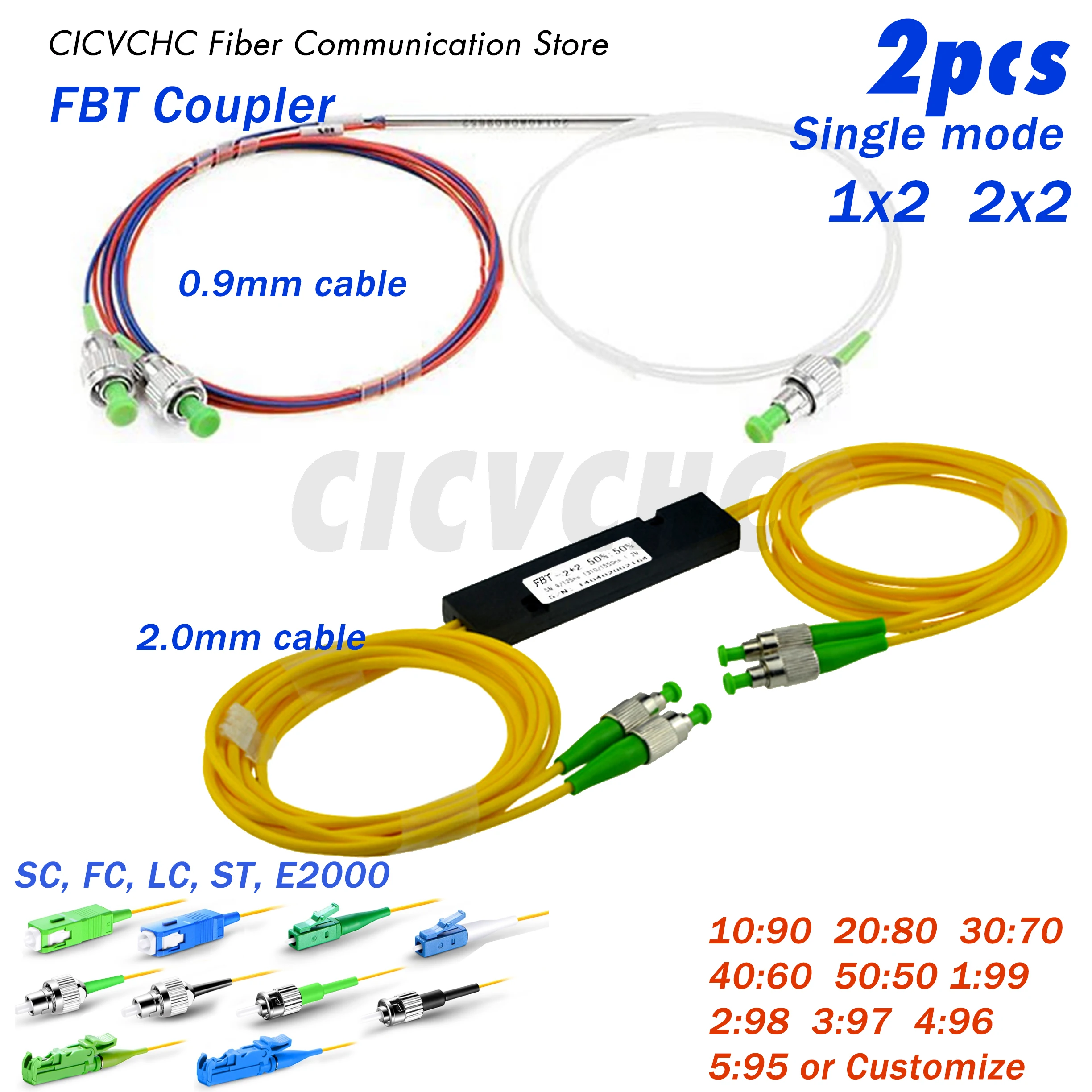 2pcs FBT Coupler 1X2, 2x2, Dual Window, Single mode 1310/1550nm, 0.9mm cable, 2.0mm cable, 0.5m Optical Fiber Splitter