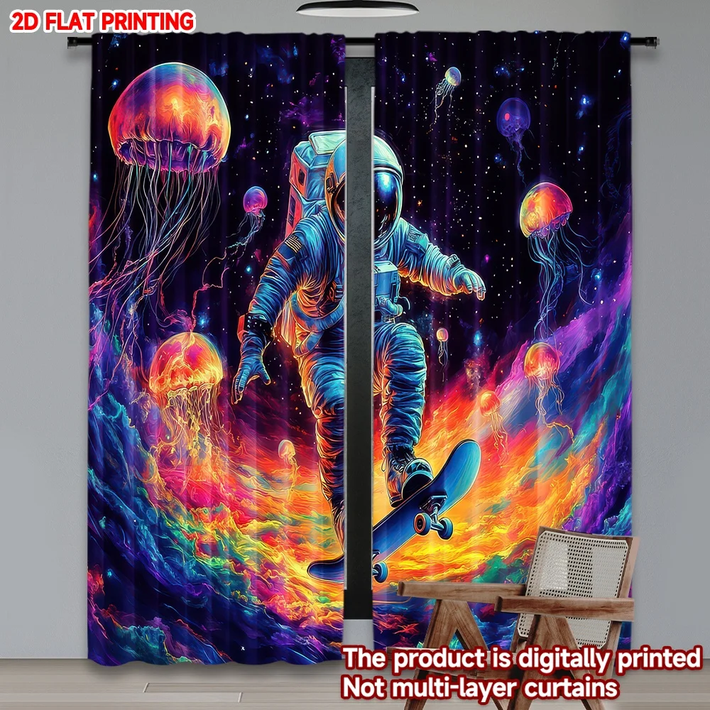 

2D flat printing 2pcs Curtains Astronaut Skateboarding in Space Digital Printed Polyester Drapes Festive Wall Decor Perfect for