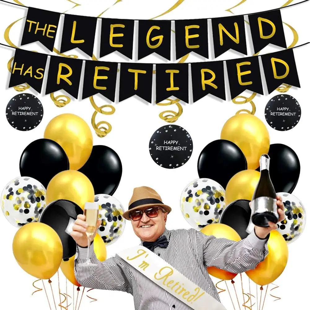 Retirement Party Decorations Black and Gold The Legend Has Retired Banner Hanging Swirl I'm Retired Sash Retirement Supplies