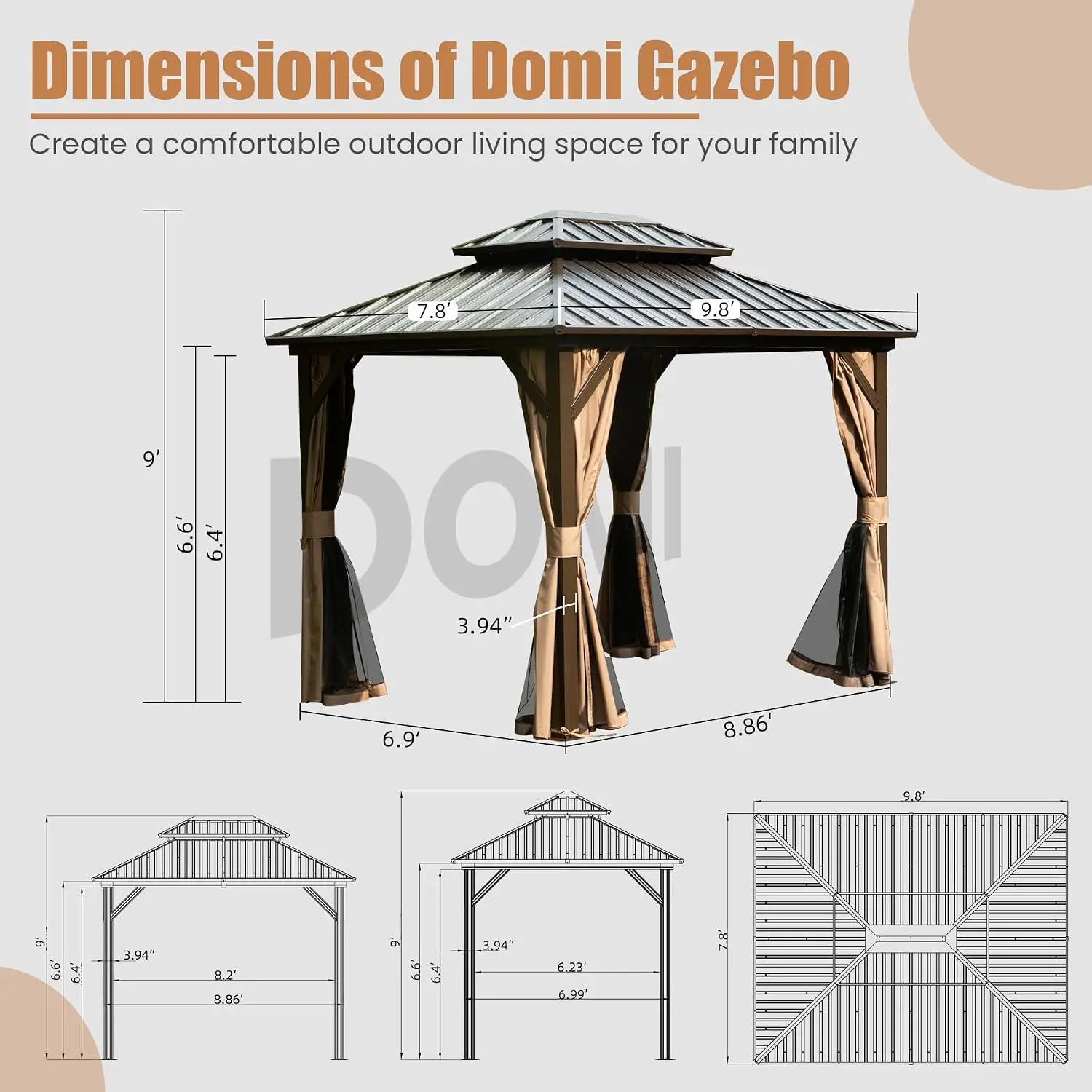Domi 8x10 Outdoor Hardtop Gazebo, Metal Gazebo for Patios, Brown | 4’’ Thick Posts, Galvanized Steel Double Roof,, Customized
