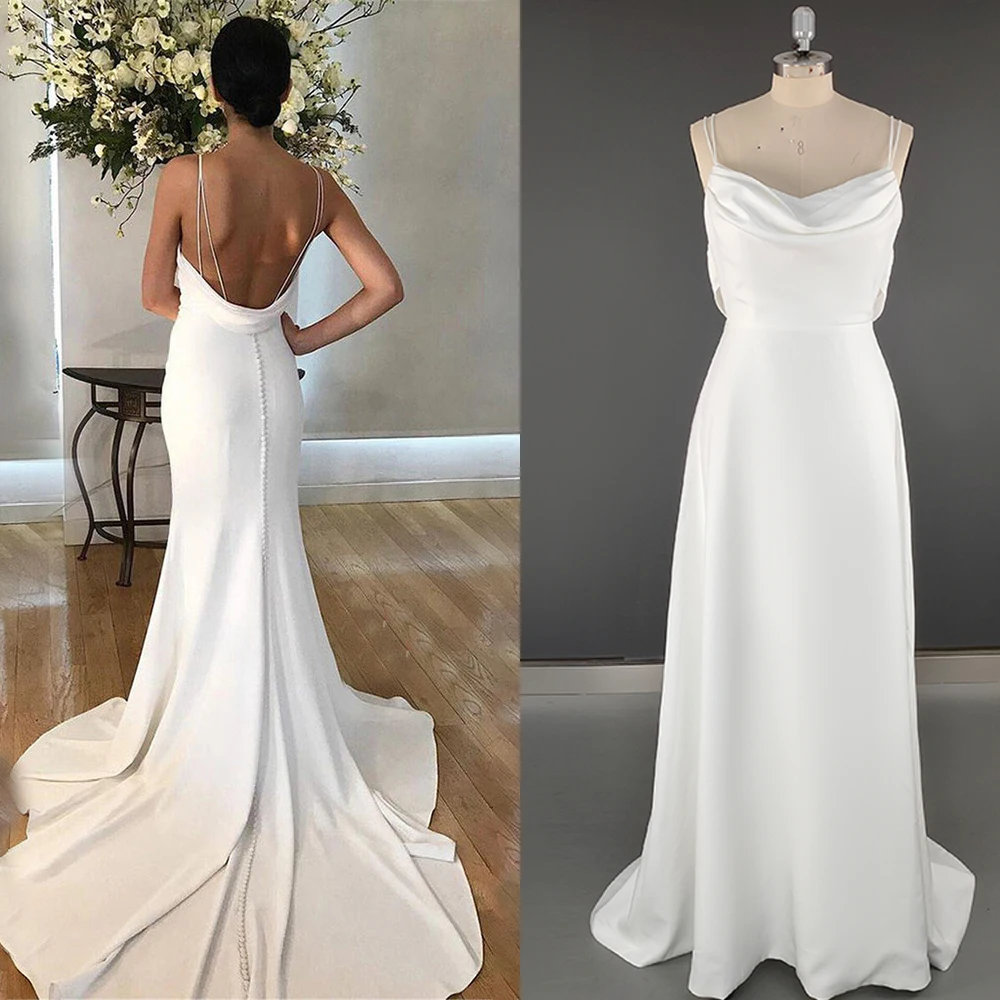 Spaghetti Straps Crepe Backless Wedding Dress Plus Size Zipper Cowl Trailing Custom Made Sheath V Neck Bridal Gowns With Train