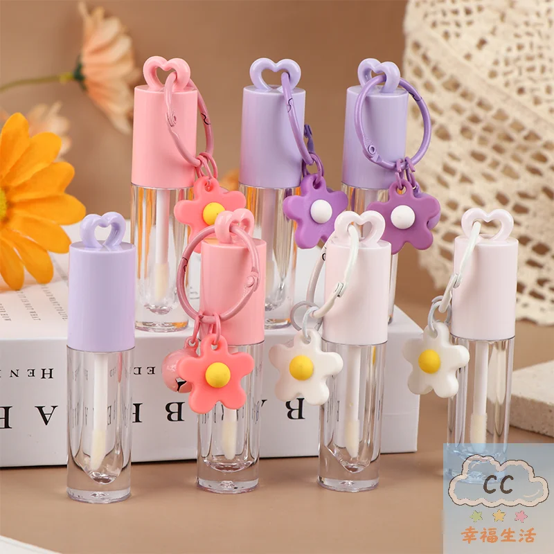 YY Heart-Shaped Lip Gloss Tube 2.5ml, Pink Empty Bottle with Keychain & Brush, Portable Lip Enamel Container for DIY Makeup Tool