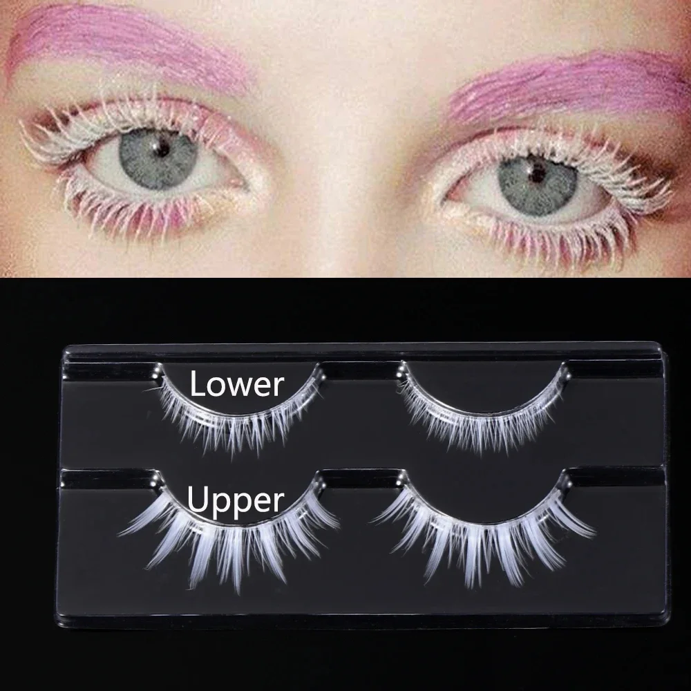 2 Pairs Halloween Party Cosplay Creative White False Eyelashes Upper&Lower Eyelashes Extension Soft Wispy Natural Lash Makeup