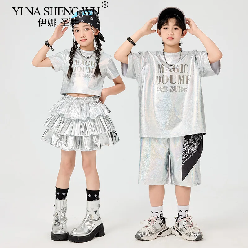 Hip hop meninos brilhante camiseta calças de dança de rua shorts de prata meninas k-pop saias traje crianças jazz roupas conjunto crianças streetwear