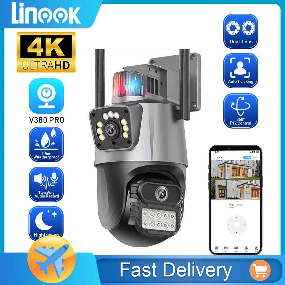 

Linook 8MP, двойной объектив, V380,CCTV,IP-камера наружная водонепроницаемая, беспроводное WIFI телефонное соединение с 360 панорамирование наклон, Двухсторонний вызов