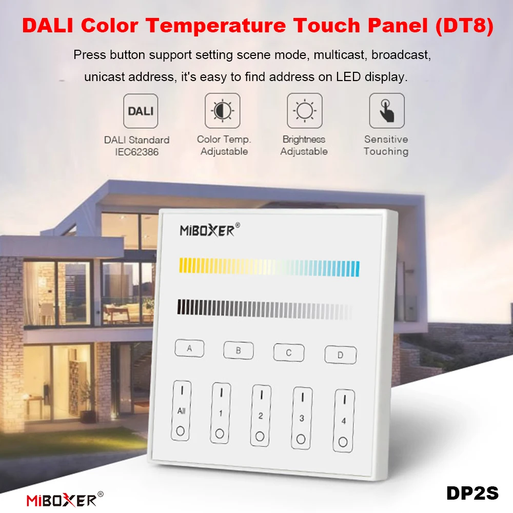 Miboxer DP2S 86 DALI DT8 Signal DALI Bus Standard IEC62386-102,207,209 Touch 1~100% Double white Dimming Brightness Host Panel