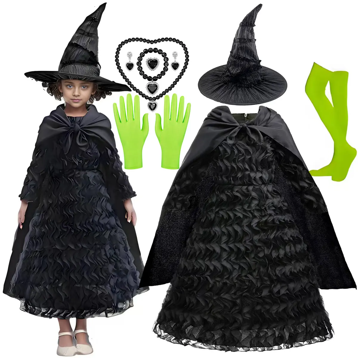

2025 Halloween New Wicked Elphaba Cute Dress Performance Costume Girl Cosplay Hot Movie Dress Black Dress Up Dress + Hat Suit