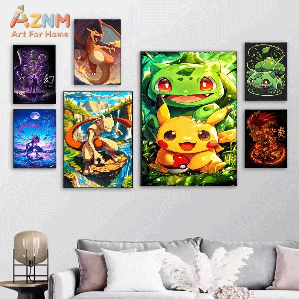 Anime Pokemon Kanto Evolutions Canvas Wall Art, Classic Pocket Monster Cartoon Frameless Canvas Painting for Kids Bedroom Livi