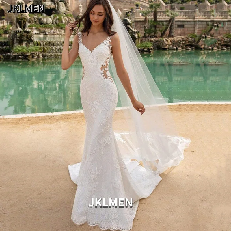 

Sexy V-Neck Sleeveless Wedding Dress Mermaid Lace Illusion Backless Bridal Gown Vestido De Noiva