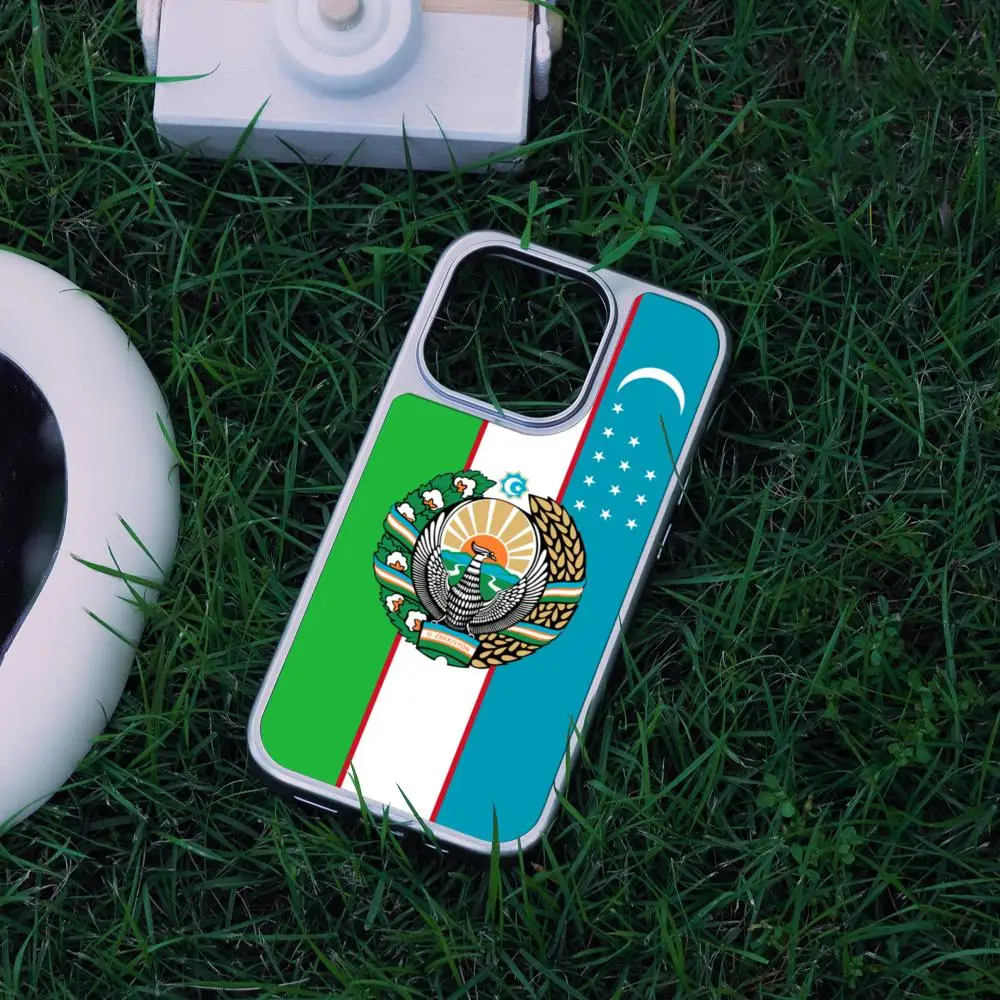 

U-Uzbekistan National Flag Phone Case For iPhone 17 16 15 14 13 12 Pro Max Plus HD Metal Frame Carbon Fiber Hard Shell