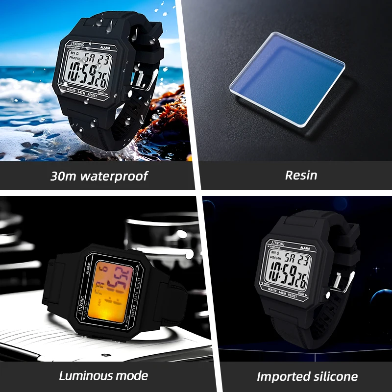 ساعة إلكترونية رياضية للطلاب كلاسيكية كلاسيكية مربعة للرجال متعددة الوظائف هدية عيد الحب