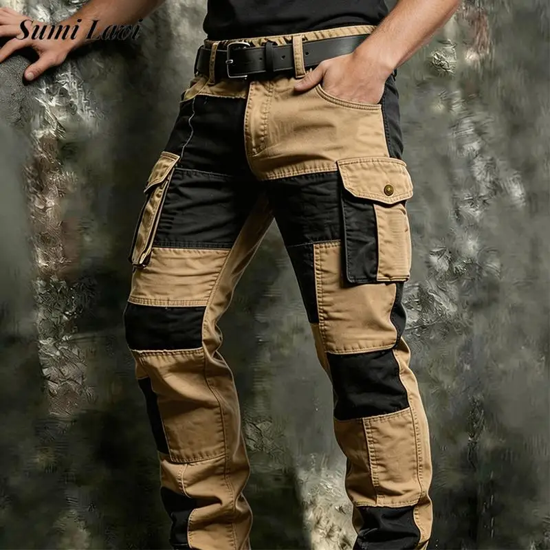 Stylish Contrast Color Cargo Pants For Men Autumn Daily Casual Patchwork Loose Trousers Mens Vintage Multi Pocket Straight Pants